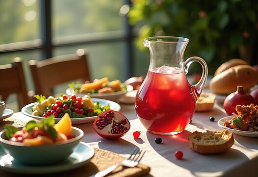 Lush Pomegranate Juice Pitcher Surrounded by Wholesome Brunch Spread on Decorative Picnic Table