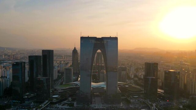 Gate to the Orient skyline at sunset in Suzhou, China