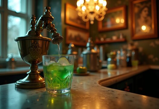 Mysterious Absinthe Fountain Vintage Bar Drip Enigma Antique Atmosphere Marble Surfaces Chandelier Captivating Setting