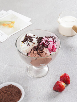 Creamy Chocolate Mousse with Fresh Strawberries and Cocoa Powder, Delicious Homemade Dessert Concept