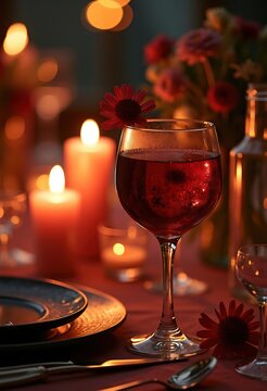 Rich Red Wine Crystal Glass Candlelit Dinner Romantic Evening Dinnerware