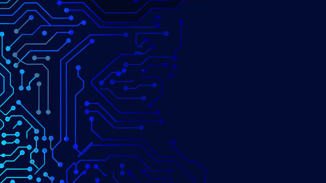 Circuit board pattern with blue lines and nodes on a dark navy background