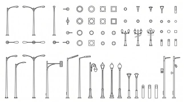Street Light Collection Urban Planning Symbols Architectural CAD Lighting Poles Plan Elevation View Infrastructure Vector Asset Set