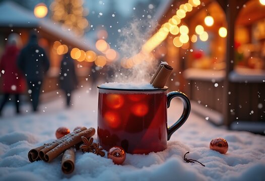 Snowy Christmas Market Scene with Warm Mulled Wine and Cinnamon Stick Surrounded by Twinkling Lights