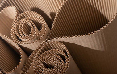 Multiple rolls of corrugated cardboard with visible wavy fluting, dramatic close-up with warm shadows. Eco-friendly kraft paper packaging material, abstract industrial texture © valiantsin