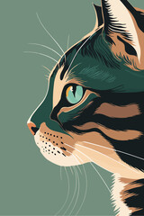 Stylized profile portrait of a beautiful domestic cat with sharp features and vibrant green eyes © Graphixa Lab