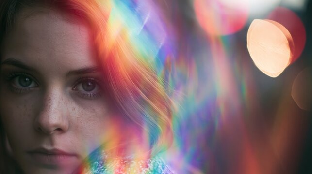 Young woman's face immersed in vibrant, swirling rainbow light, expressing a thoughtful and introspective mood