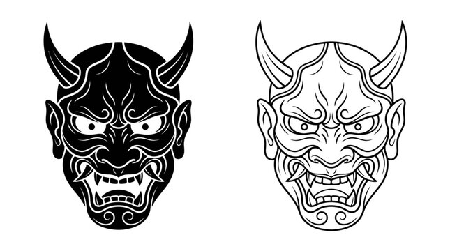 Oni mask illustration black and white line art with detailed features