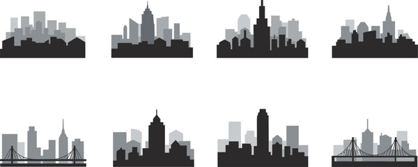 Obraz premium Retro synthwave city skyline vector set with 80s neon futuristic skyscraper shapes for graphic elements