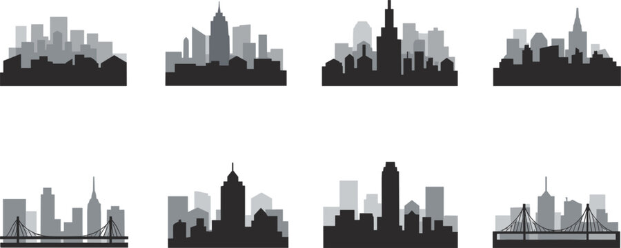 Retro synthwave city skyline vector set with 80s neon futuristic skyscraper shapes for graphic elements