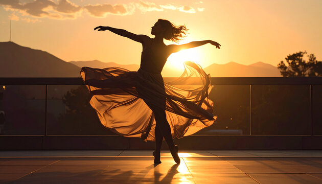Graceful silhouette of a dancer performing in golden sunset light