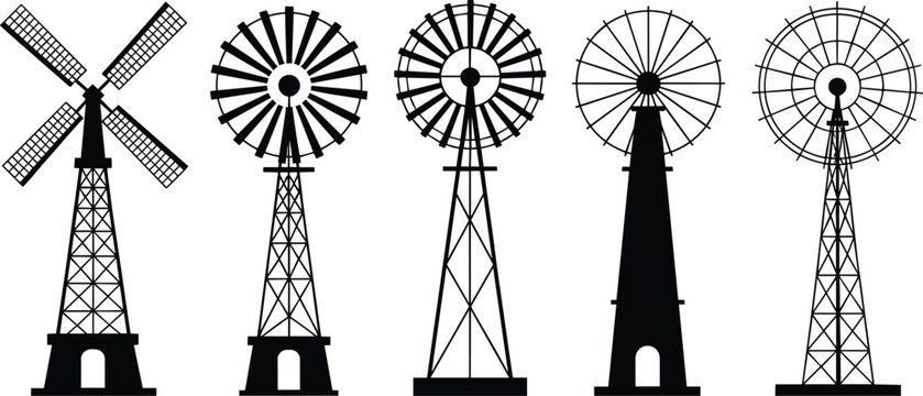 Vintage farm windmill silhouette vector set with isolated black rustic steel wind pump mill shapes