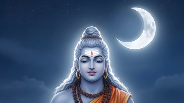 Serene Hindu deity Lord Shiva features glowing blue skin with a traditional red tilak mark on his forehead and long flowing hair styled in a high bun with golden earrings.