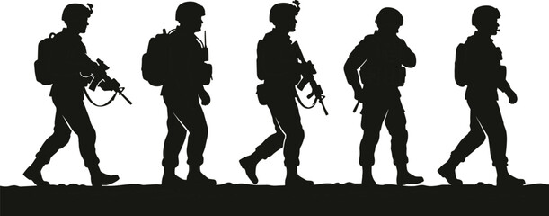 Fototapeta premium Five black silhouettes of soldiers in uniform, wearing helmets and carrying rifles, walking in a line across a white background
