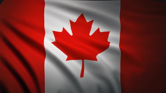 Canadian national flag with red maple leaf and vertical red bands waving in motion