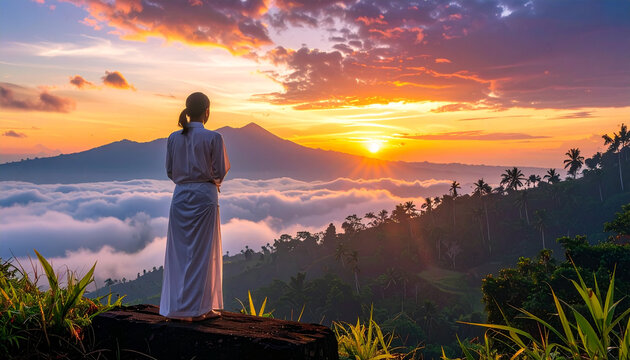 Woman appreciating mountain sunset over misty landscape view