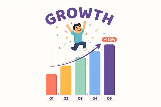 Happy person jumping with growth bar chart illustration