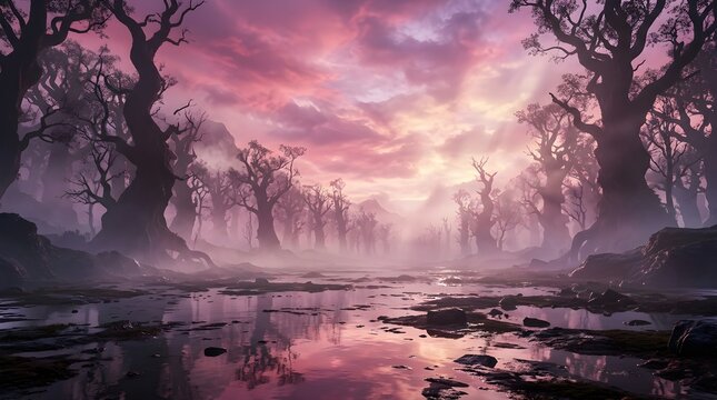 Ancient gnarled trees stand tall within a serene misty swamp featuring dark textured bark under a vibrant pink sunset sky with scattered clouds and soft golden rays of ethereal light.
