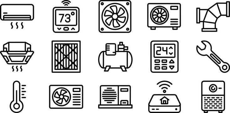 Hvac system icons set air conditioning and heating equipment silhouette isolated on transparent background