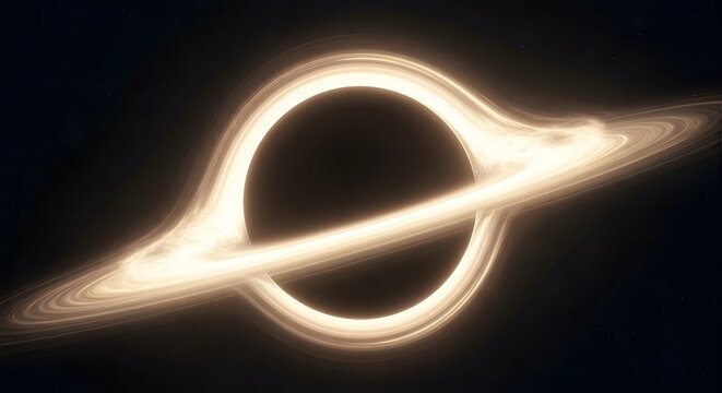 A massive glowing black hole featuring a bright golden accretion disk with intense swirling light patterns and a dark circular event horizon captured in a high resolution detailed digital render.