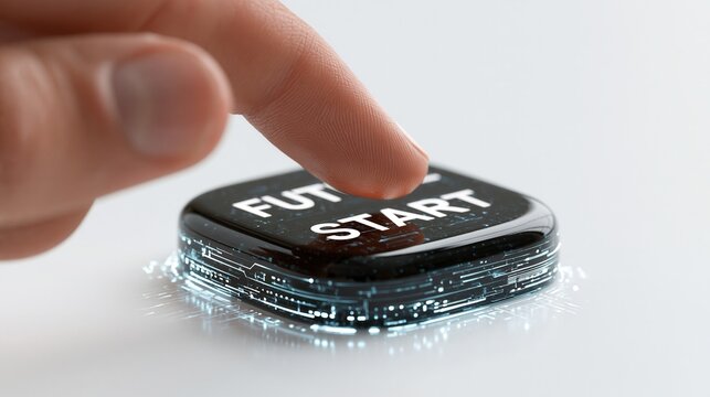 Index finger prepares to press a futuristic 'START' button with glowing circuit elements on a white surface.