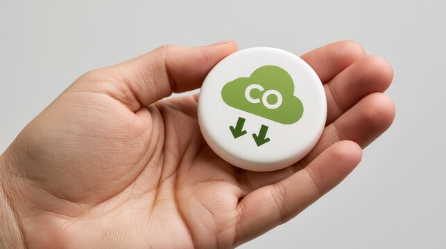 Hand presents a round white token featuring a green CO2 cloud and arrow symbols, representing carbon reduction.