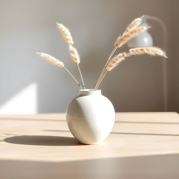 A close-up minimalist shot of a spherical white ceramic vase containing a few delicate, dried lagurus stems (bunny tails) mixed with light pampas grass. The vase sits on a light-colored wooden table u