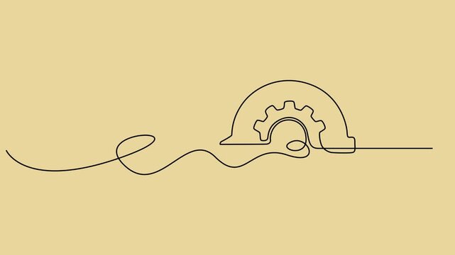 Hardhat with Gear Symbol animation continuous line drawing, Minimalist Continuous Line Art of Safety Helmet Emphasizing Protective Gear, Yellow Industrial Safety Helmet One Line Vector Illustration.