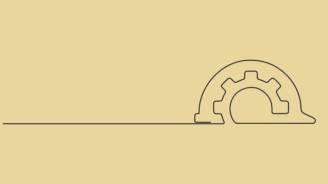 Hardhat with Gear Symbol animation continuous line drawing, Minimalist Continuous Line Art of Safety Helmet Emphasizing Protective Gear, Yellow Industrial Safety Helmet One Line Vector Illustration.
