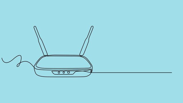 wireless router with two antennas and a power cable animation continuous one line drawing, router animation continuous one line drawing, depicting network connectivity and digital communication in on.