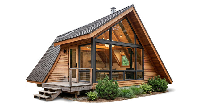 Modern A-frame cabin with glass front and timber roof isolated on transparent background, architecture cutout