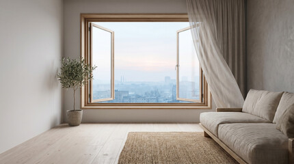 Fototapeta premium Open window and natural airflow in a minimalist apartment, concept of passive cooling during hot weather