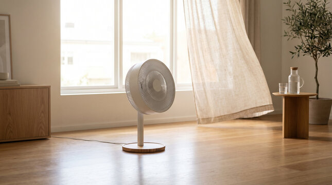 Portable fan circulating air in a bright living room, helping maintain comfort during a heatwave