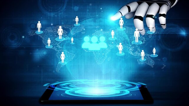 Futuristic Technology Concept of Robotic Hand Interacting with Virtual People Network on Digital Globe Background. Entropy.