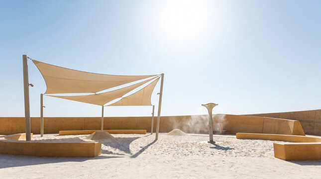 Shaded playground with sun sails and mist cooling system, protecting children during extreme summer heat