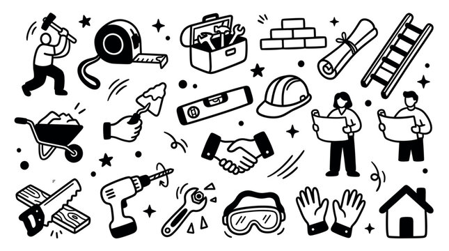 Various black and white construction and building tools with workers on a clean white background, creating a seamless pattern