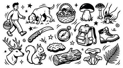 Obraz premium Hand-drawn black and white doodle set illustrating a mushroom hunter with dog, basket, knife, compass, backpack, boot, deer, squirrel, log, and fern on a clean white background