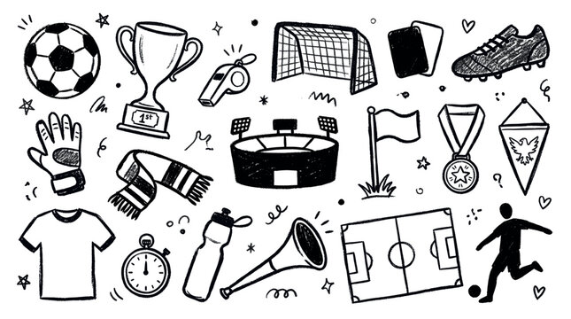 Hand-drawn black and white soccer equipment and symbols create a playful doodle pattern on a clean white background