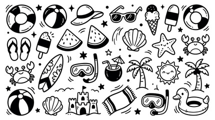 Fototapeta premium Collection of hand-drawn summer vacation doodles in black and white, including beach balls, flip-flops, and ice cream on a clean background