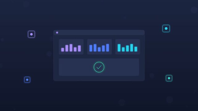 Animated flat design data dashboard with warning alert and bar charts