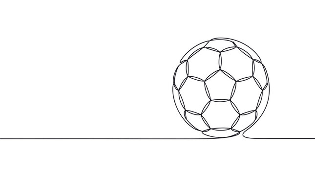 Minimalist continuous line drawing of a soccer ball with hexagonal and pentagonal patterns on a clean white background