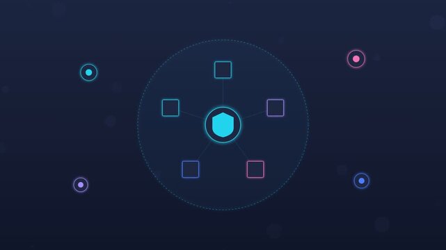 Flat design AI spam filtering with messages blocked by neon grid dark