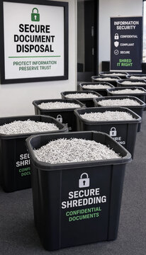 Rows of black bins filled with shredded confidential documents at a secure shredding service company office shredding security confidential documents recycling protection disposal