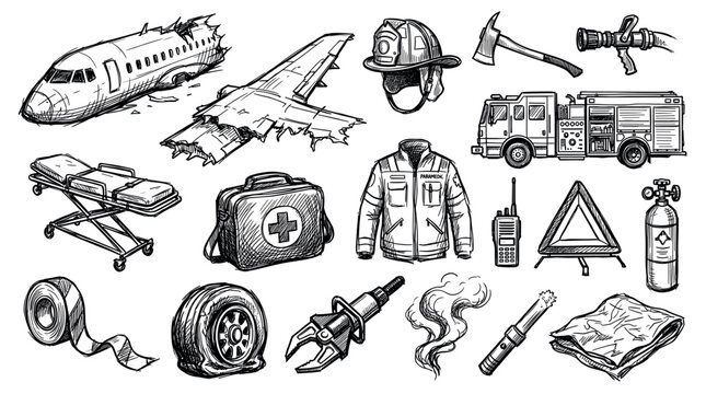 Various hand-drawn emergency and rescue equipment, including a crashed airplane, fire truck, and medical supplies, on a clean white background