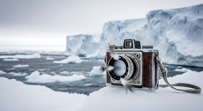 Vintage camera on snowy Antarctic landscape with icebergs