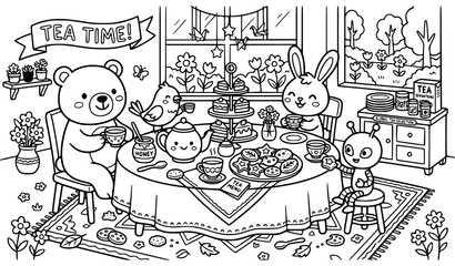 Obraz premium Children tea party outline coloring book vector page