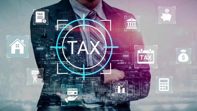 Digital Tax Concept with Businessman and Futuristic Elements Representing Taxation, Finance, and Technology in Modern Urban Environment Gluon.