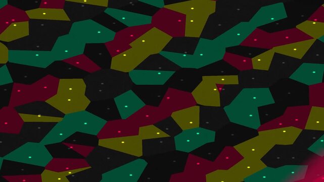 Abstract geometric pattern with colorful shapes and dots on dark background