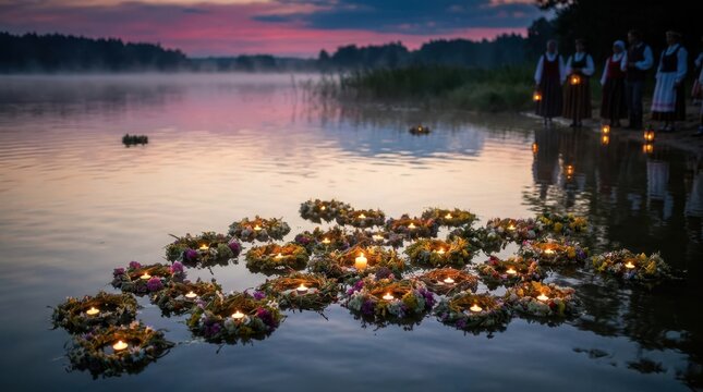 Floating flower wreaths with candles on lake at dusk with people in traditional clothing