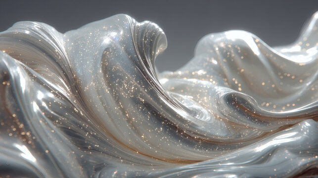 Abstract fluid form with gold particles 3d rendered